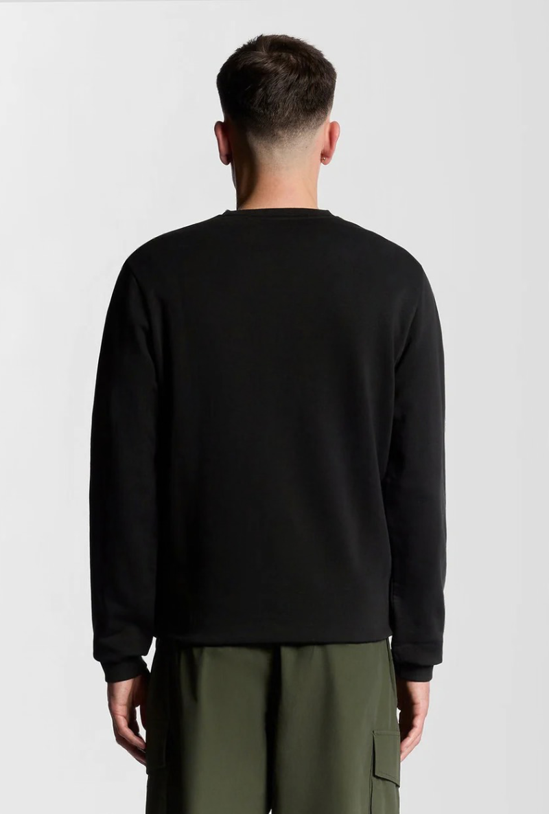Back image of a model wearing Lyle and scott cheers to tradition sweatshirt in black, by brand Lyle and scott