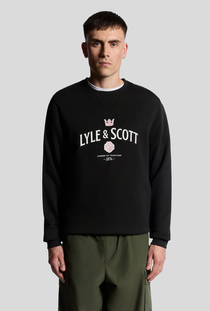 Front image of a model wearing the Lyle and scott cheers to tradition sweatshirt in black, by brand Lyle and scott