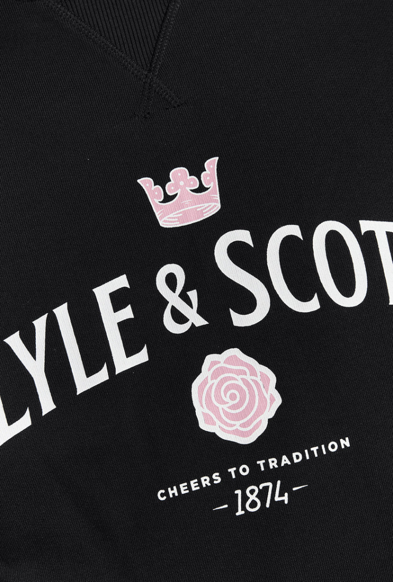 Front detail image of Lyle and scott cheers to tradition sweatshirt in black, by brand Lyle and scott