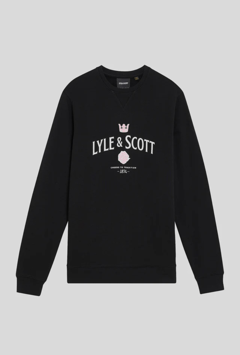 Front image of Lyle and scott cheers to tradition sweatshirt in black, by brand Lyle and scott
