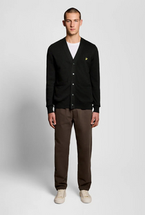 Front image of a model wearing the Lyle and scott merino v neck cardigan in black, by brand Lyle and scott