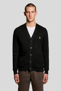 Front image of a model wearing the Lyle and scott merino v neck cardigan in black, by brand Lyle and scott
