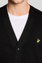 Front detail image of a model wearing the Lyle and scott merino v neck cardigan in black, by brand Lyle and scott