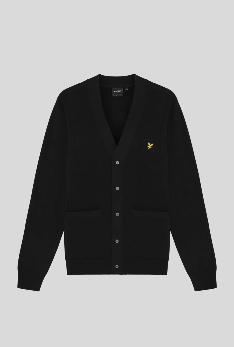Front image of Lyle and scott merino v neck cardigan in black, by brand Lyle and scott