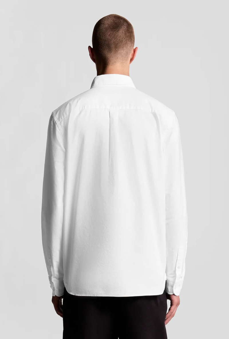 Back image of a model wearing Lyle and scott plain oxford shirt in white, by brand Lyle and scott
