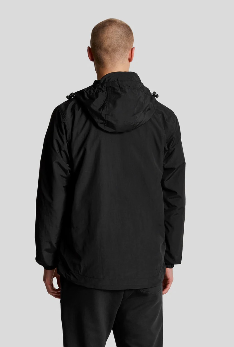 Back image of a model wearing Lyle and scott zip through hooded jacket in black, by brand Lyle and scott