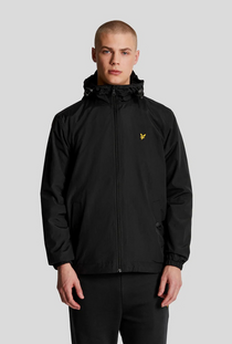 Front image of a model wearing the Lyle and scott zip through hooded jacket in black, by brand Lyle and scott