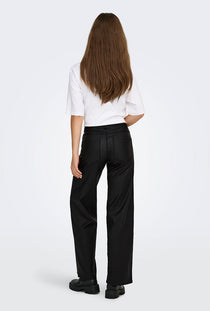 Back image of a model wearing the Only alida wide coated pants in black, by brand Only