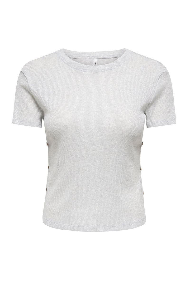 Front image of Carla glitter s/s top in silver, by brand Only