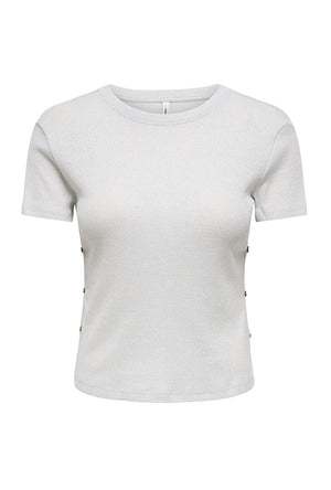 Front image of the Carla glitter s/s top in silver, by brand Only
