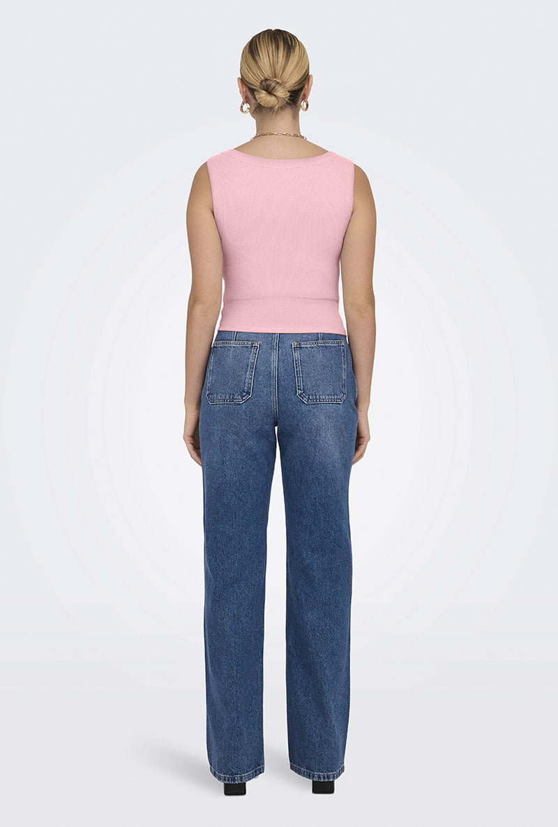 Back image of a model wearing Only easy s/l tank top in pink, by brand Only