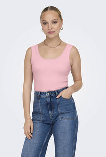 Front image of a model wearing the Only easy s/l tank top in pink, by brand Only