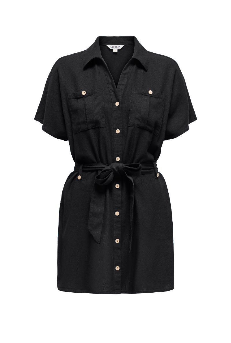 Front image of Goa shortsleeve linen belt shirt dress in black, by brand Only