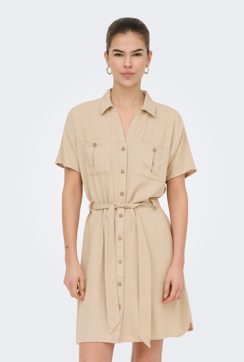 Front image of Goa shortsleeve linen belt shirt dress in stone, by brand Only