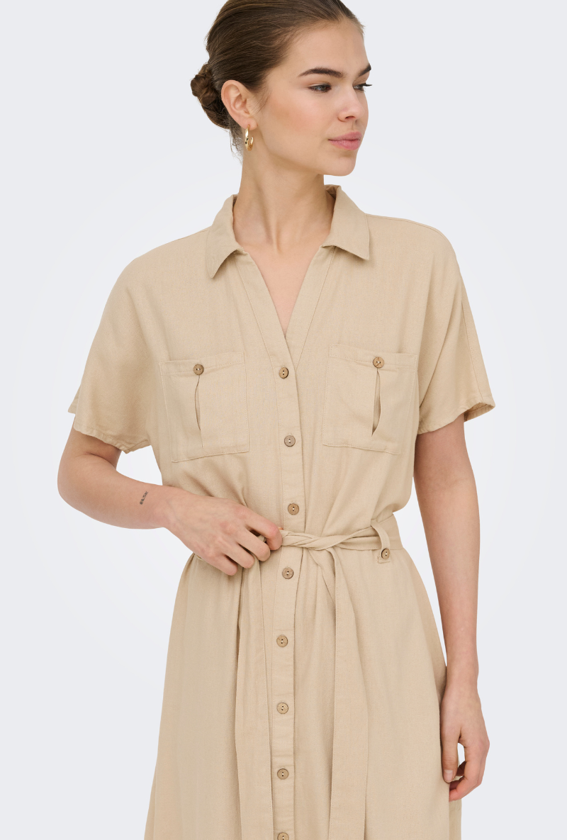 Front image of Goa shortsleeve linen belt shirt dress in stone, by brand Only