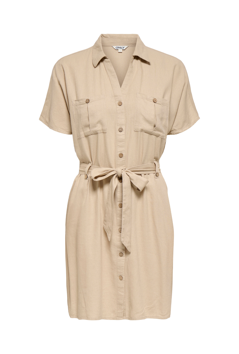 Front image of Goa shortsleeve linen belt shirt dress in stone, by brand Only