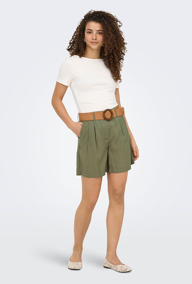 Front image of a model wearing Ibiza hw belt shorts in khaki, by brand Only