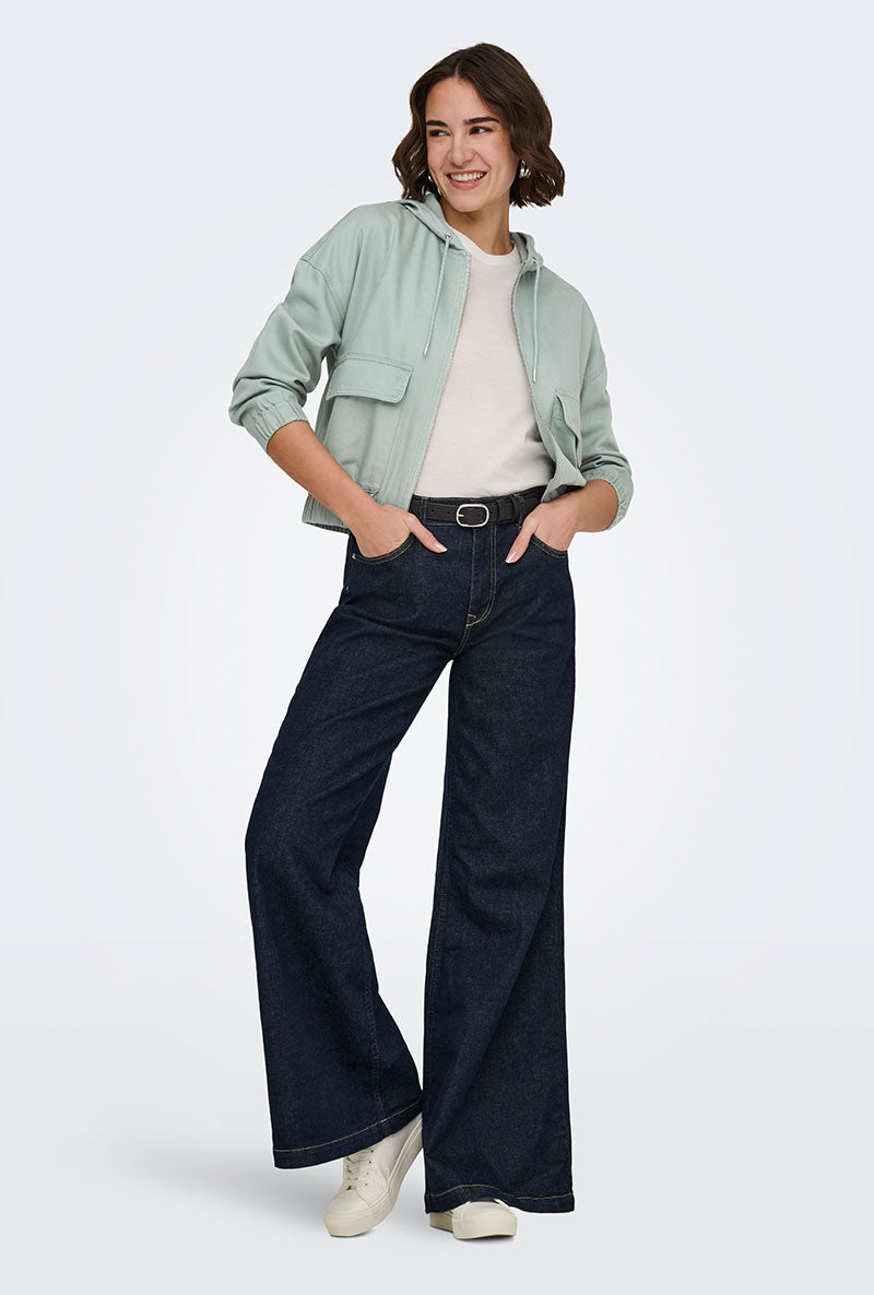 Front image of a model wearing Kenzie soft life jacket in light green, by brand Only