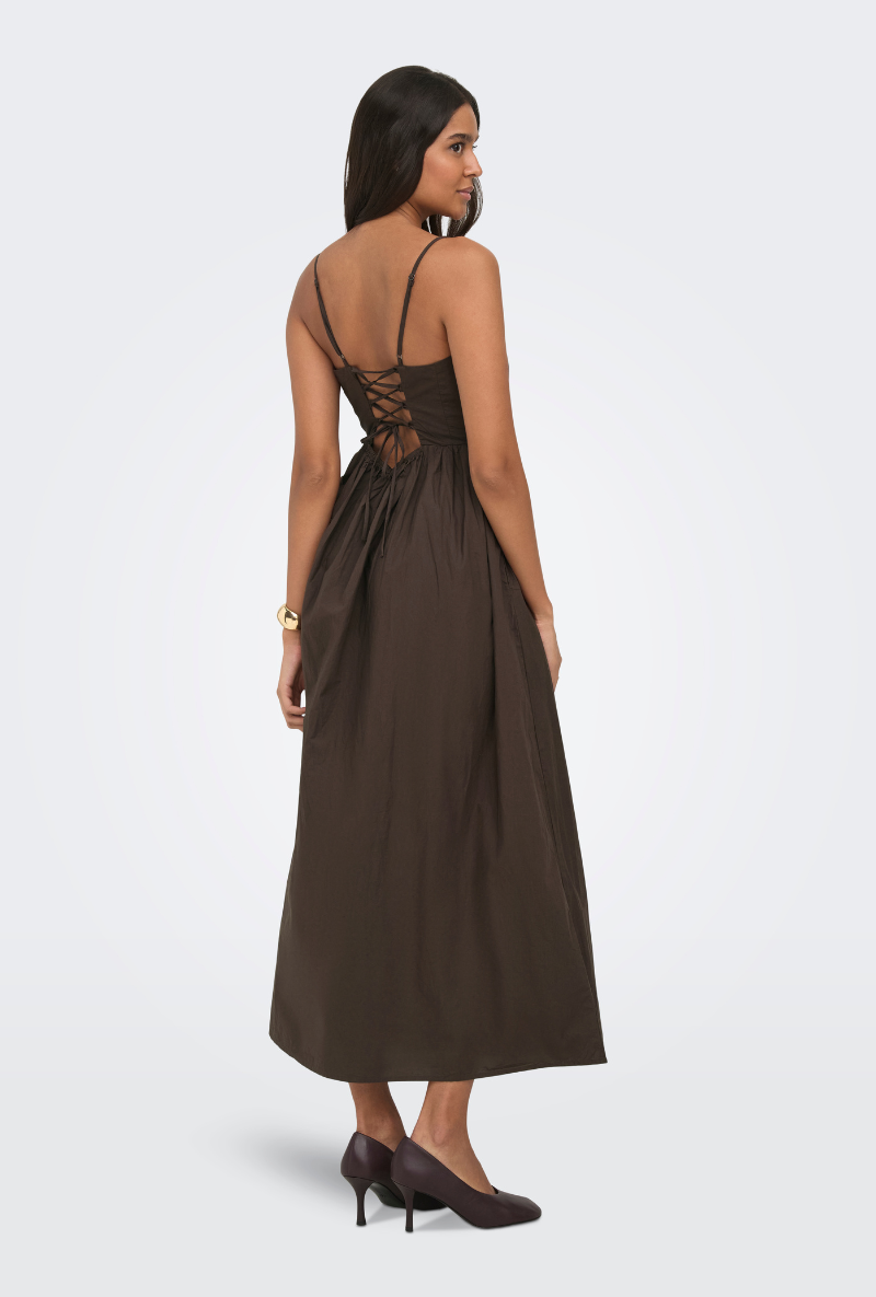 Back image of Likara strap waist long dress in brown, by brand Only