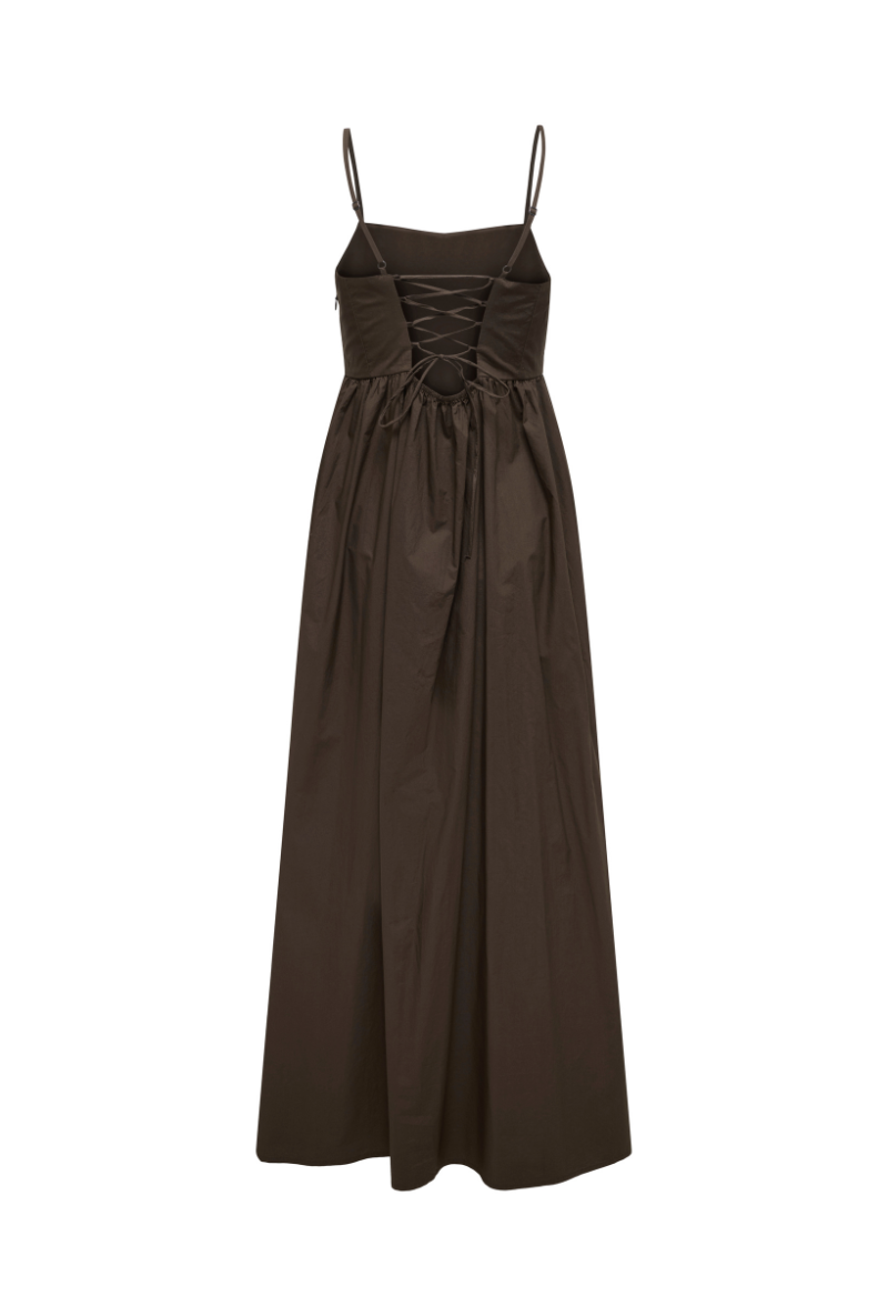 Back image of Likara strap waist long dress in brown, by brand Only