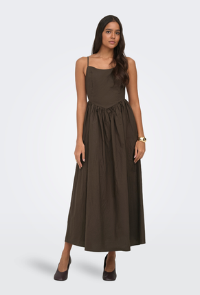 Front image of Likara strap waist long dress in brown, by brand Only