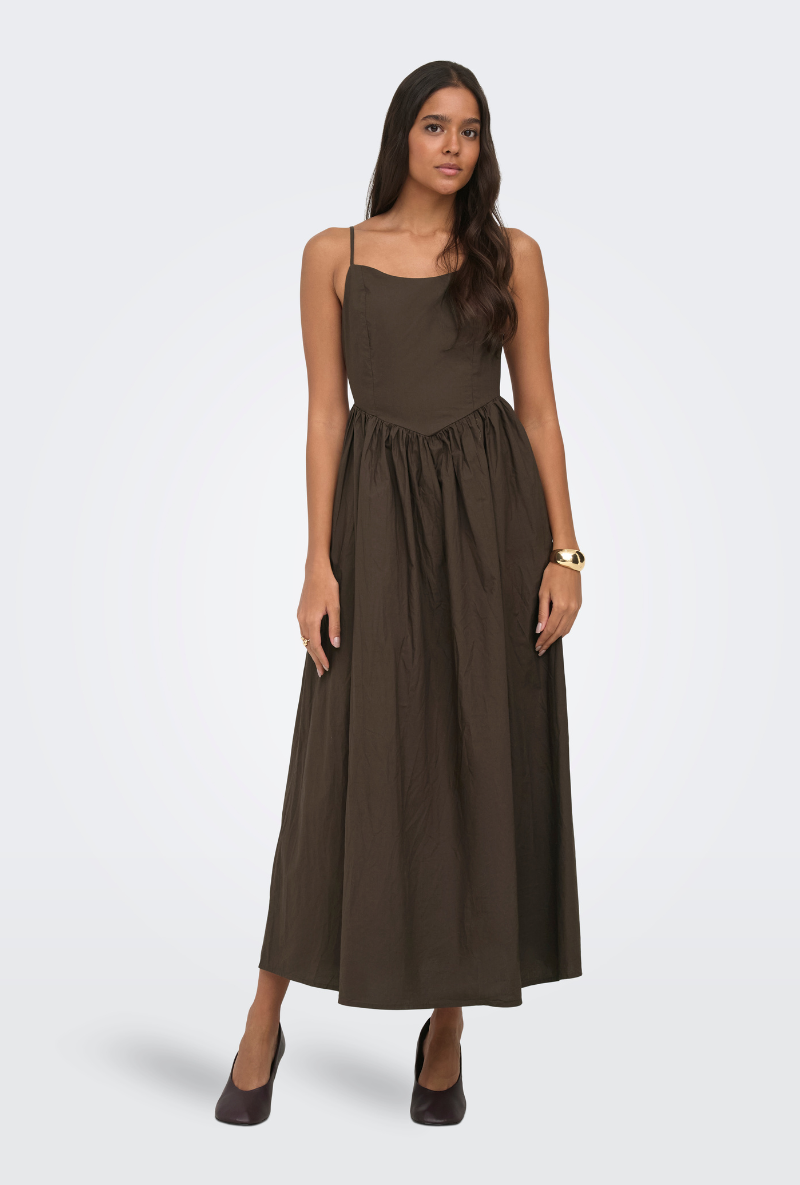 Front image of Likara strap waist long dress in brown, by brand Only