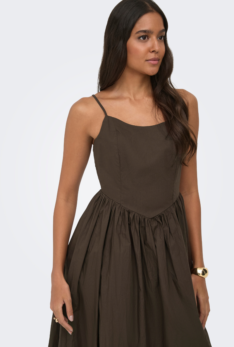 Front image of Likara strap waist long dress in brown, by brand Only