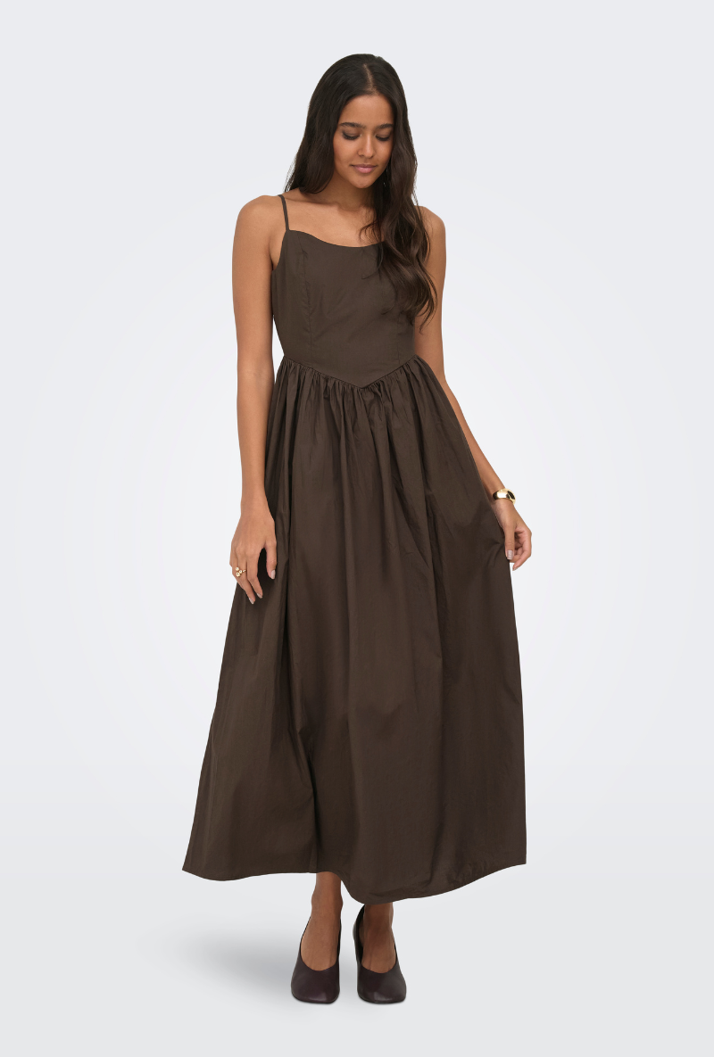 Front image of Likara strap waist long dress in brown, by brand Only
