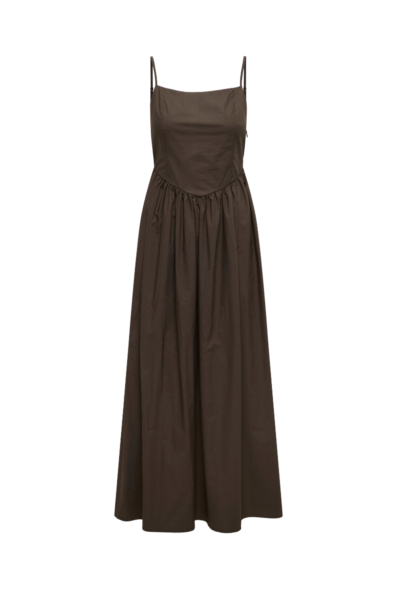 Front image of Likara strap waist long dress in brown, by brand Only