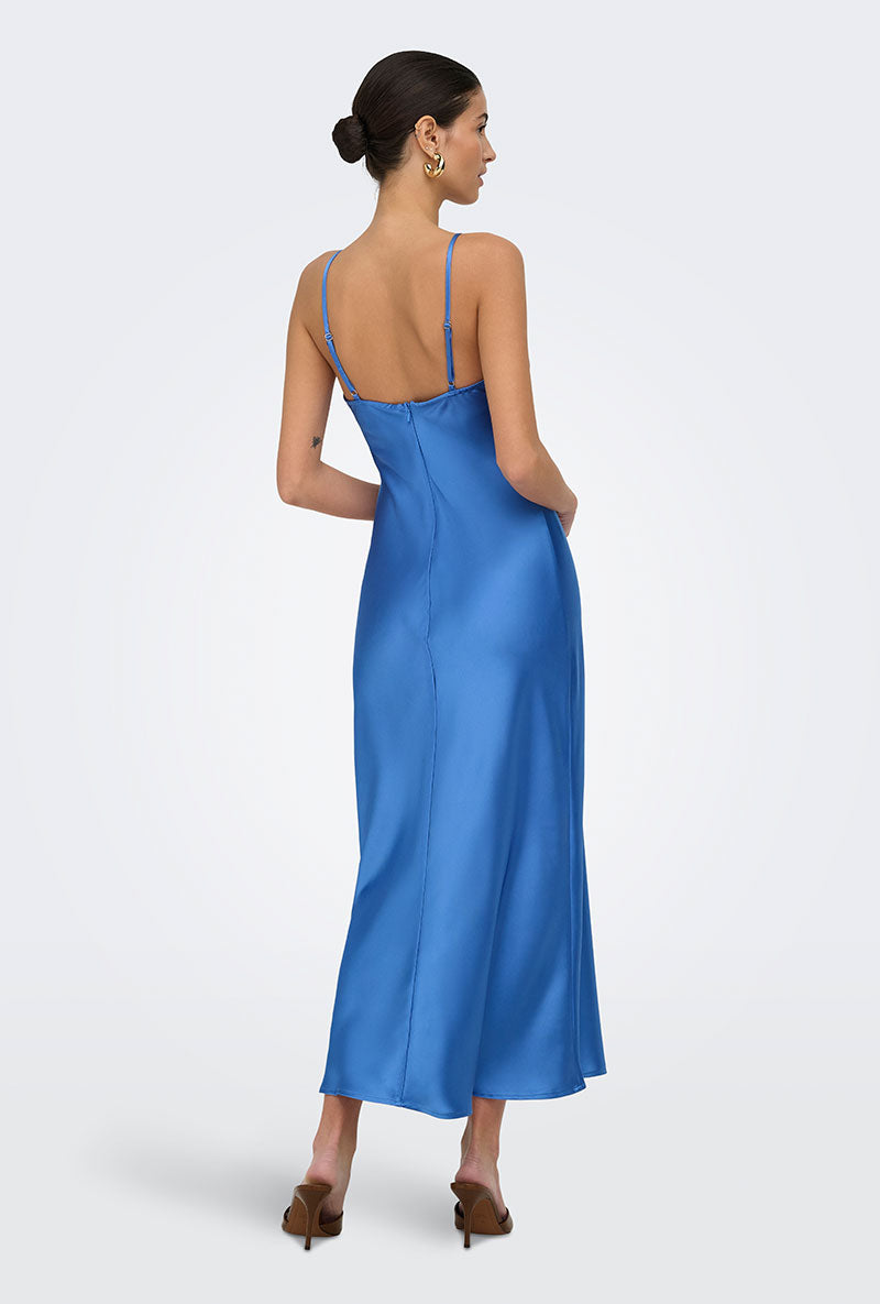Back image of a model wearing Losiris long strap dress in blue, by brand Only