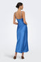 Back image of a model wearing the Losiris long strap dress in blue, by brand Only