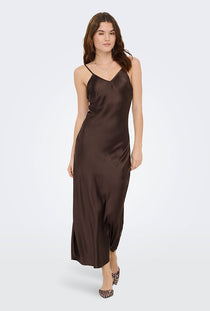 Front image of a model wearing the Losiris long strap dress in brown, by brand Only