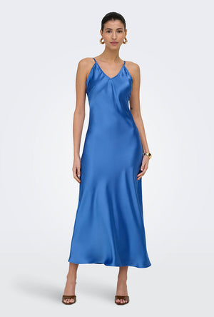Front image of a model wearing the Losiris long strap dress in blue, by brand Only