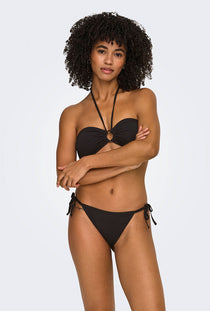 Front image of a model wearing the Marseille tie string bikini bottom in black, by brand Only