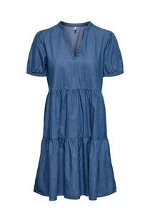 Front image of the Nova azure s/s thea dress in denim, by brand Only