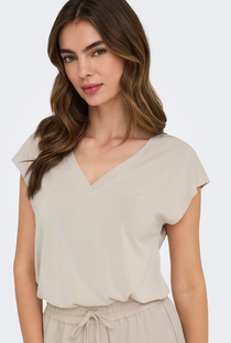 Front image of the Free shortsleeve modal v neck top in stone, by brand Only