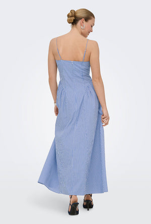 Back image of a model wearing the Tiari strap hip dress in blue, by brand Only