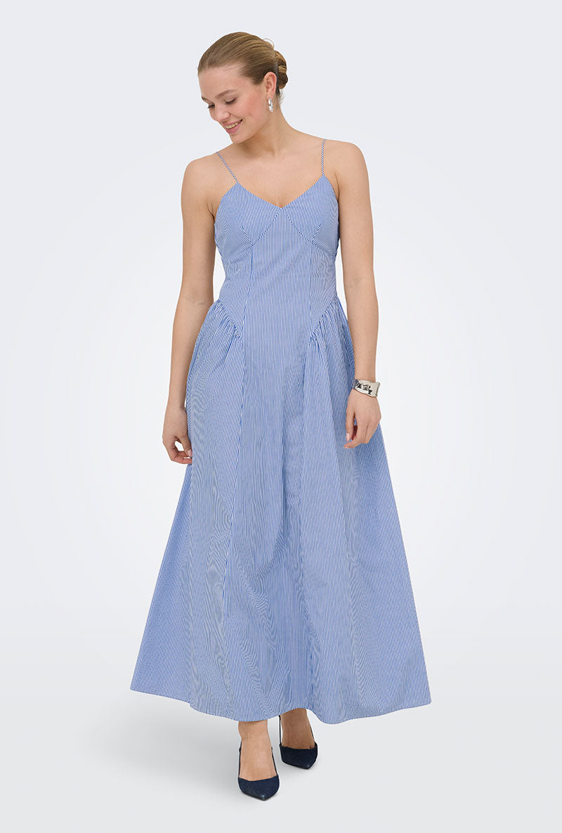 Front image of a model wearing Tiari strap hip dress in blue, by brand Only