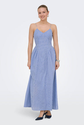 Front image of a model wearing Tiari strap hip dress in blue, by brand Only