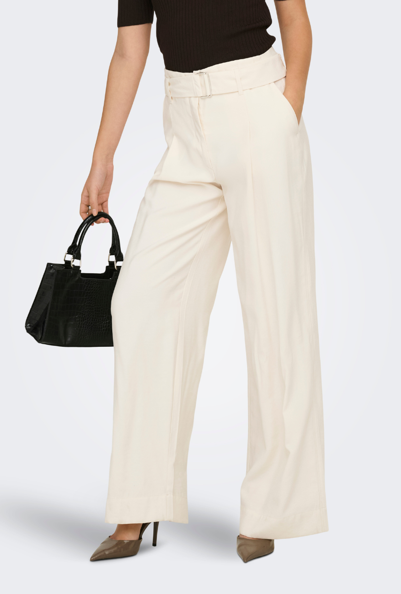 Front image of Tila life highwaist belt trousers in cream, by brand Only