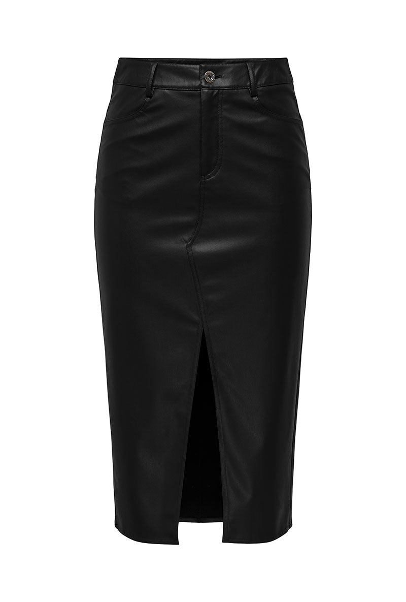 Front image of Bitten faux leather pencil skirt in black, by brand Only