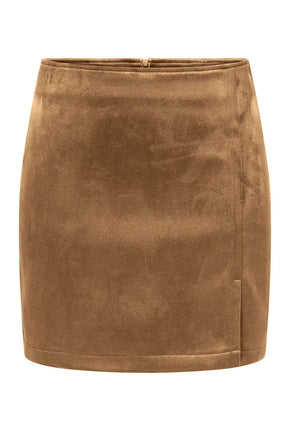 Front image of Carolina faux suede skirt in tan, by brand Only