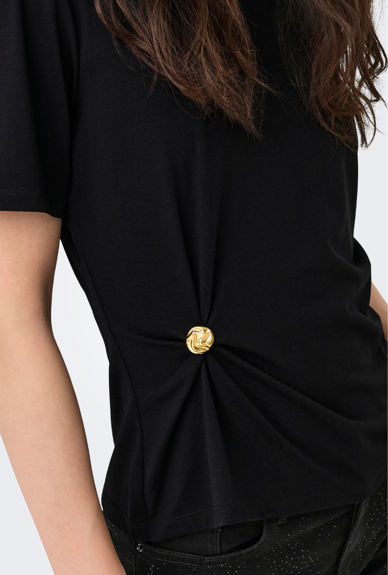 Detail image of a model wearing Only elena s/s detail top in black, by brand Only