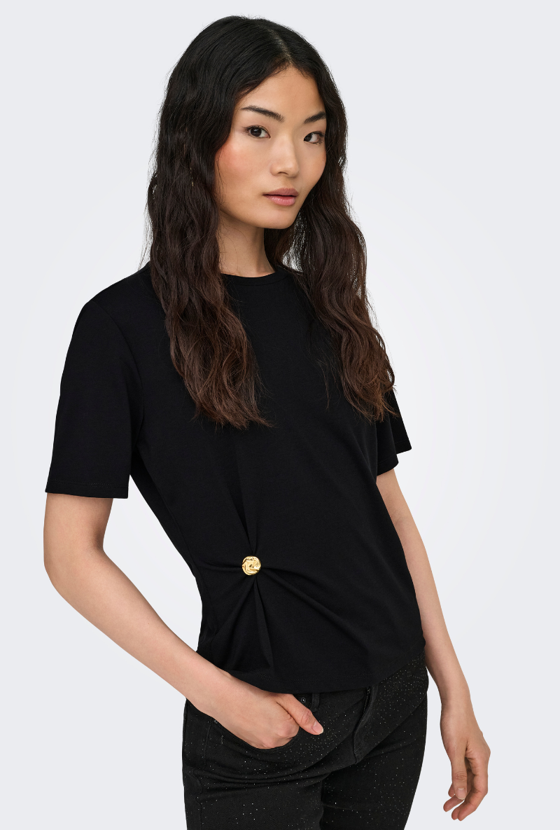 Front image of a model wearing Only elena s/s detail top in black, by brand Only