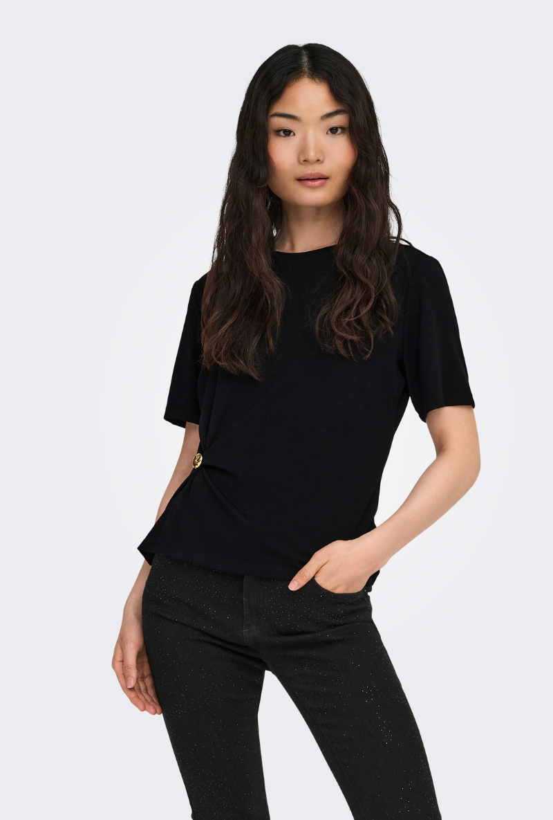 Front image of a model wearing Only elena s/s detail top in black, by brand Only