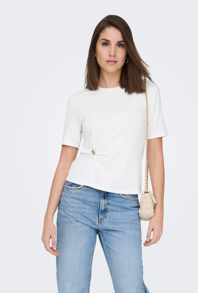 Front image of a model wearing Only elena s/s detail top in off white, by brand Only