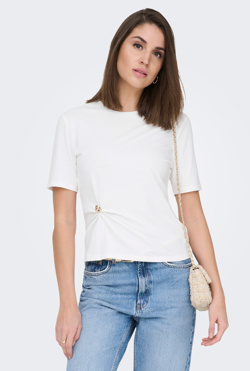 Front image of a model wearing Only elena s/s detail top in off white, by brand Only