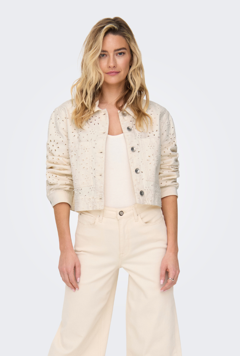 Front image of a model wearing Only elsa crochet short jacket in off white, by brand Only