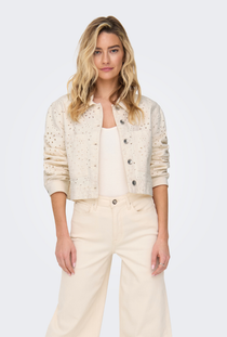 Front image of a model wearing the Only elsa crochet short jacket in off white, by brand Only