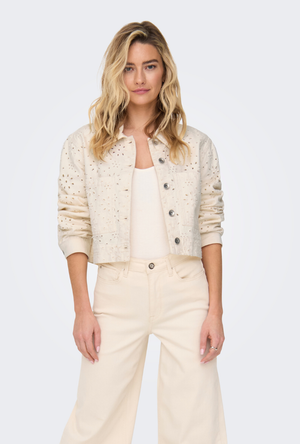 Front image of a model wearing the Only elsa crochet short jacket in off white, by brand Only